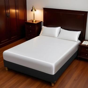 Imagem de Juwenin Home Jogo de cama com elástico colorido, 3 peças, macio e confortável, para quarto, quarto de hóspedes (1 lençol com elástico + 2 fronhas, sem núcleo) (branco, casal (3 peças))