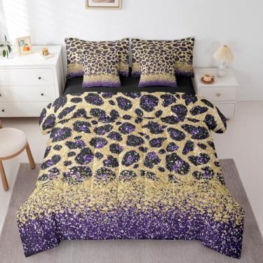 Imagem de Jogo de cama de casal com estampa de leopardo roxo, 7 peças, estampa de lantejoulas douradas, com edredom, animal selvagem, guepardo, animais africanos, gato grande, decoração ocidental