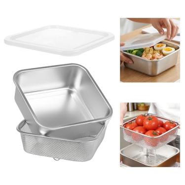 Imagem de Conjunto de tigela de lavagem de aço inoxidável 2 em 1, tigela de mistura de coador de alimentos com escorredor e tampa de PE, panela de lavar louça de frutas e vegetais para drenar arroz macarrão