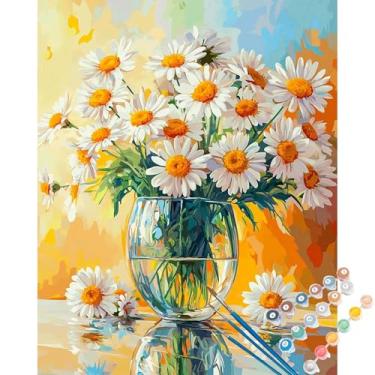 Imagem de ARNLRDYA Kits de pintura de margaridas em vaso por números para adultos, tinta floral branca por números para iniciantes, lindas pinturas acrílicas de flores a óleo para decoração de casa (40 × 50 cm,