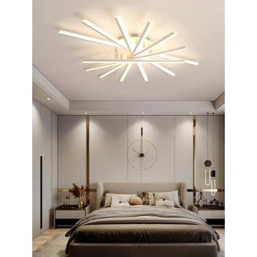 Imagem de Luminária de teto LED moderna com múltiplas lâmpadas, dimerizável e com controle remoto. Design elegante em ferro fundido, ideal para sala de jantar, quarto e escritório (branca, 108 cm).