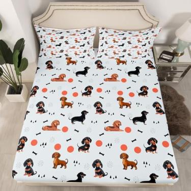 Imagem de Jogo de cama solteiro com desenho animado de dachshund, 2 peças, fofo, osso de cachorro, hippie, graffiti, para crianças, meninos, meninas, adolescentes, preto e marrom, com 1 fronha