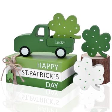Imagem de IDATOO Decorações de Dia de São Patrício, 7 peças de decoração de trevo de madeira com caminhão da sorte e pilha de livros, decorações de mesa do dia de São Patrício para decoração de bandeja em
