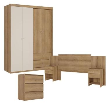 Imagem de Guarda Roupa Solteiro Star 4 Portas Capuccino Off White Com Cômoda Gaveteiro Condessa E Cabeceira Formosa Capuccino- Thb