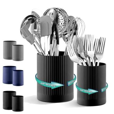 Imagem de Kyraton Suporte de utensílios de cozinha 2 peças, suporte de utensílios de cozinha de plástico resistente giratório de 360° para bancada, pote de utensílios pequenos para talheres, escova de dentes