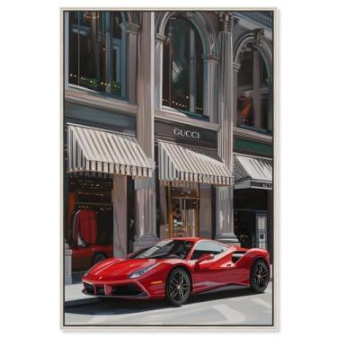 Imagem de Art Remedy Tela frontal de carro vermelho estacionado na moda e glamour, moldura prateada, 50,8 cm x 76,2 cm