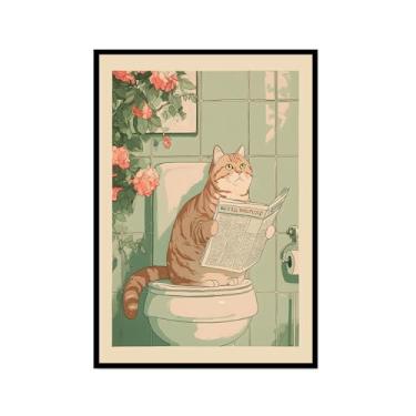 Imagem de Tela de arte de parede de banheiro japonês com gatos lidos jornal pôster de flores abstratas impressões de animais engraçados pintura zen minimalista decoração de banheiro spa para casa de banho