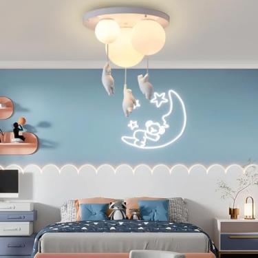 Imagem de Luminária de teto moderna semi-embutida com design fofo de urso polar e cúpula creme, ideal para quarto infantil, sala de jantar, sala de estar e quarto em geral.