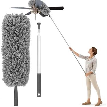Imagem de Espanador de Pó Extensível 2,80 Metros Microfibra Cabo de Aço Inoxidável Ajustável Haste Flexível Retrátil Limpeza de Áreas Altas e Locais Difíceis Limpador de Tetos Armários Ventiladores Persianas