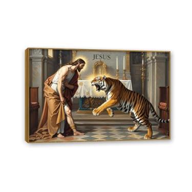 Imagem de Arte de parede em tela de leão e cordeiro, Jesus e o tigre feroz, pintura de arte cristo, decoração de casa religiosa para igreja, sala de estar, 30 x 20 cm, moldura dourada