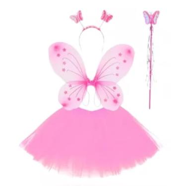 Imagem de Fantasia Borboleta Asa De Borboleta Fada com Tiara com Saia Volumosa De Tule com VarinhaDia das Crianças Infantil (Conj 4pç Infantil ROSA)