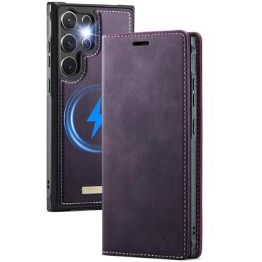 Imagem de POYUFRG Capa flip para Samsung Galaxy S26 Ultra/S26 Plus/S26, carteira magnética destacável capa de telefone retrô de negócios, roxo, S26