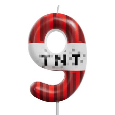 Imagem de Velas de aniversário com número vermelho e branco 0-9, velas de topo de bolo estilo pixel para crianças, aniversário, formatura, casamento e artigos de festa (TNT, 9)
