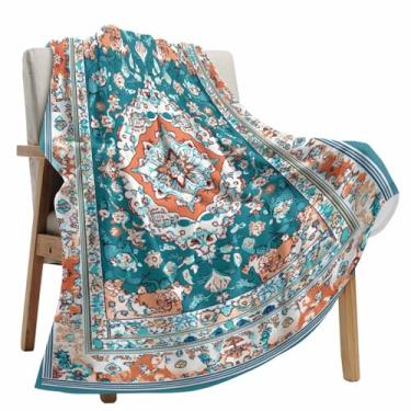 Imagem de Cobertor de lã floral boho verde-azulado laranja para sofá, estilo étnico abstrato microfibra macia felpuda aconchegante cobertores leves para cama de casa sofá todas as estações 101 x 152 cm F