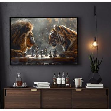 Imagem de Quadro Decorativo Leão vs Tigre Jogando Xadrez Sala Hall Escritório 100x70cm (01, Preto, 100x70)