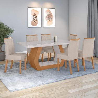 Imagem de Conjunto Sala De Jantar Mesa Easy Tower 170x90cm Mdf/vidro Com 6 Cadeira Armoni Boucle Bege Amendoa/off White