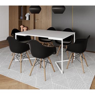 Imagem de Mesa Jantar Industrial Retangular Branca 137X90Cm Base V Ferro Branco Com 6 Poltronaspreta Marrom