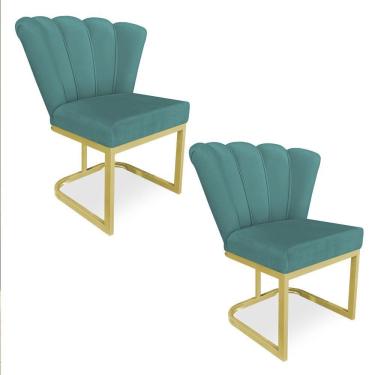 Imagem de Kit 02 Poltronas Flor Veludo Base Metálica Industrial Dourado - Pallazio Cor Azul Turquesa