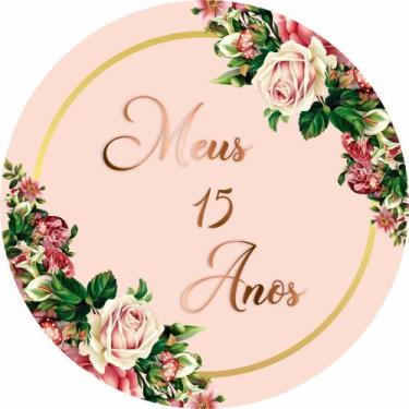 Imagem de Painel de Tecido Sublimado Redondo Meus 15 Anos Bronze Flores Vintage 