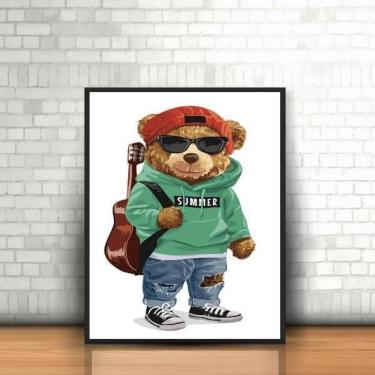 Imagem de Quadro Decorativo Urso Músico 24X18 Com Vidro Madeira Preta