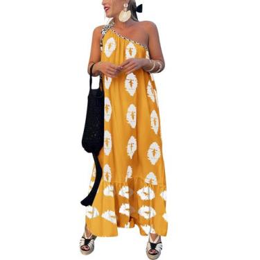 Imagem de Vestido PRETTYGARDEN Maxi Floral Branco Cúrcuma com Ombro Único XL