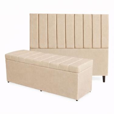 Imagem de Kit De Quarto Roma Cabeceira De Cama Box E Calçadeira Baú Casal King 195 Cm Suede Bege Do Lar Móveis E Decoração