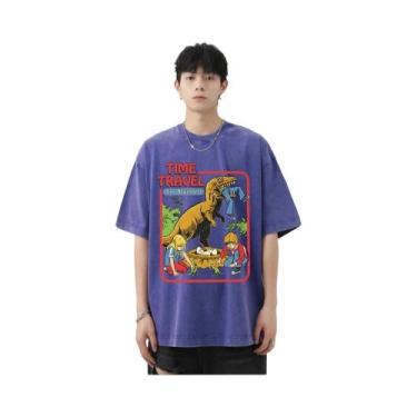 Imagem de Camiseta Masculina Retrô De Algodão Lavado Com Estampa De Dinossauro, 