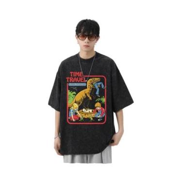Imagem de Camiseta Masculina Retrô De Algodão Lavado Com Estampa De Dinossauro, 