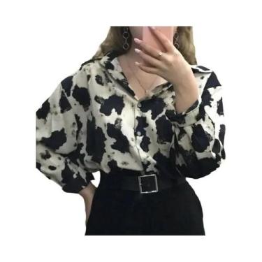Imagem de Blusa Feminina De Chiffon Com Estampa De Vaca, Manga Comprida, Com Bot