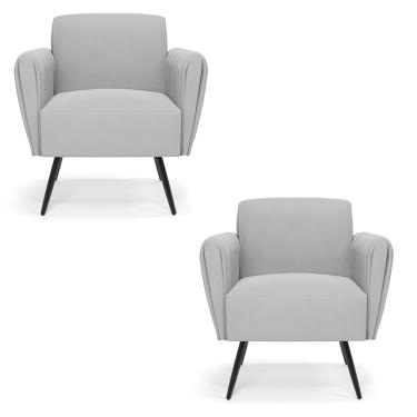 Imagem de Kit 2 Poltronas Pés Palito de Ferro Bruna Suede Cinza - D'Rossi