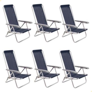 Imagem de Kit 06 Cadeiras de Praia Reclin. Tramontina Bali Baixa Alumínio c/ Assento Azul Escuro 92900106