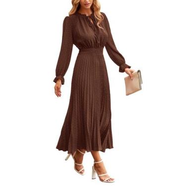 Imagem de Vestido PRETTYGARDEN Swiss Dot Manga Longa Decote V Midi Café Escuro