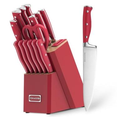 Imagem de Conjunto de Facas de Cozinha com Suporte, 15 Peças com Suporte e Afiador com Tesoura para Cozinha, em Aço Inoxidável de Alto Carbono (Vermelho)
