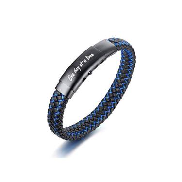 Imagem de VNOX Bracelete masculino de couro trançado feito à mão com mantra inspirador, ajustável, presente motivacional para homens, Adjustable, Um dia de cada vez, Pedra de lava
