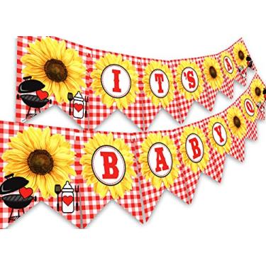 Imagem de Baby Q Banner - Faixa de chá de bebê para churrasco - Faixa de chuveiro xadrez vermelho - Suprimentos de festa de girassol - Decorações de chá de bebê de girassol - Faixa de girassol