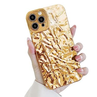 Imagem de Yebowe Capa para iPhone 14 Pro, linda capa de telefone de luxo plissada de alumínio 3D para mulheres e meninas, capa de silicone macio de designer brilhante para iPhone 14 Pro, dourada