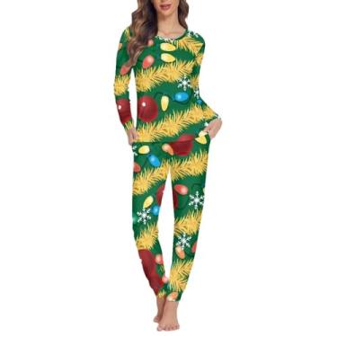 Imagem de Gzzxiailg Conjunto de pijama de duas peças para mulheres de manga comprida com bolsos, conjunto de duas peças de roupa de dormir para a família PP-6GG, Luzes de Árvore de Natal, P