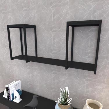 Imagem de Prateleira Industrial Suspensa Estante Parede Nicho Preto Ferro E Madeira Suporte Pratileira