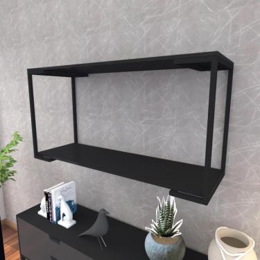 Imagem de Prateleira Industrial Suspensa Estante Parede Nicho Preto Ferro E Madeira Suporte Pratileira