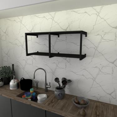Imagem de Prateleira Industrial Suspensa Estante Parede Nicho Preto Ferro E Madeira Suporte Pratileira