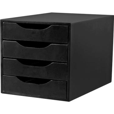 Imagem de Caixa Arquivo Gaveteiro Organizador Escritório Módulo Easy Box MDF 4 Gavetas Documentos A5 A4 Ofício Preto Black Piano