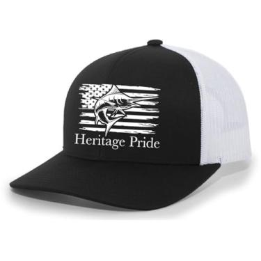 Imagem de Heritage Pride Boné masculino Marlin Fish bandeira americana pesca ao ar livre bordado malha traseira boné caminhoneiro masculino, Preto/branco, Tamanho �nica