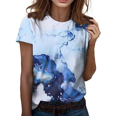 Imagem de Blusas femininas de verão plus size de manga curta fofas blusas de treino gráficas blusas de algodão modernas camisas boho túnica atlética, Azul claro, G