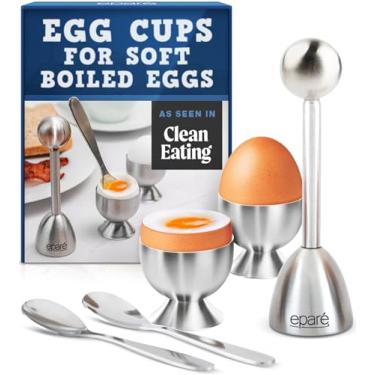 Imagem de Eparé Copos de ovo para ovos cozidos macios com colheres - Suporte de ovo cozido e conjunto de ferramentas de biscoito de ovo - Alça de aço inoxidável abridor de ovos e cortador
