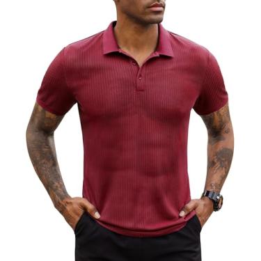 Imagem de Lion Nardo Camisas polo elásticas masculinas de manga curta para golfe, camisetas polo justas para homens, camisas de golfe, tênis, Vinho, G