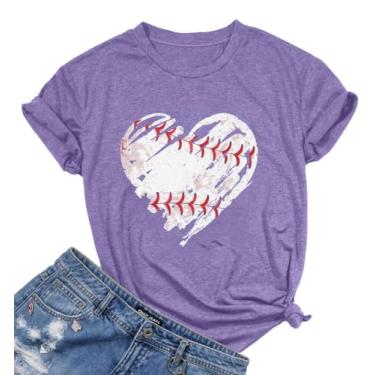 Imagem de Camisetas de beisebol femininas beisebol Mom camiseta com estampa de coração de beisebol presentes de dia de jogo engraçados tops de manga curta, Roxa, P
