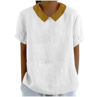 Imagem de Camisetas femininas de linho para negócios elegantes blusas casuais manga curta Color Block camisas soltas camisetas estampadas 2024, Caqui, XXG