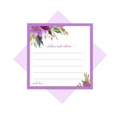 Imagem de Cartões de conselhos florais roxos (pacote com 25) para preencher cartões de atividade para chá de panela, pais, casamento, formatura, aposentadoria, material de tema de evento rústico de noivado (tamanho 4 x 4) festa inteligente de papel