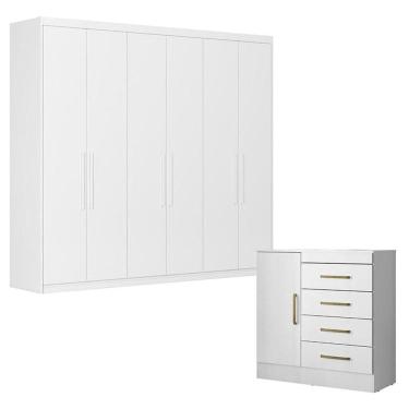 Imagem de Cômoda Montevideu e Guarda Roupa Casal Venice 62480 Branco Brilho - Demóbile
