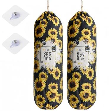 Imagem de 2 peças de suporte de saco de plástico, organizador de saco de plástico para montagem na parede, dispensador de armazenamento grande lavável, sacos de compras para viagem de cozinha doméstica, bolsa de compras de 56 x 23 cm (girassol)